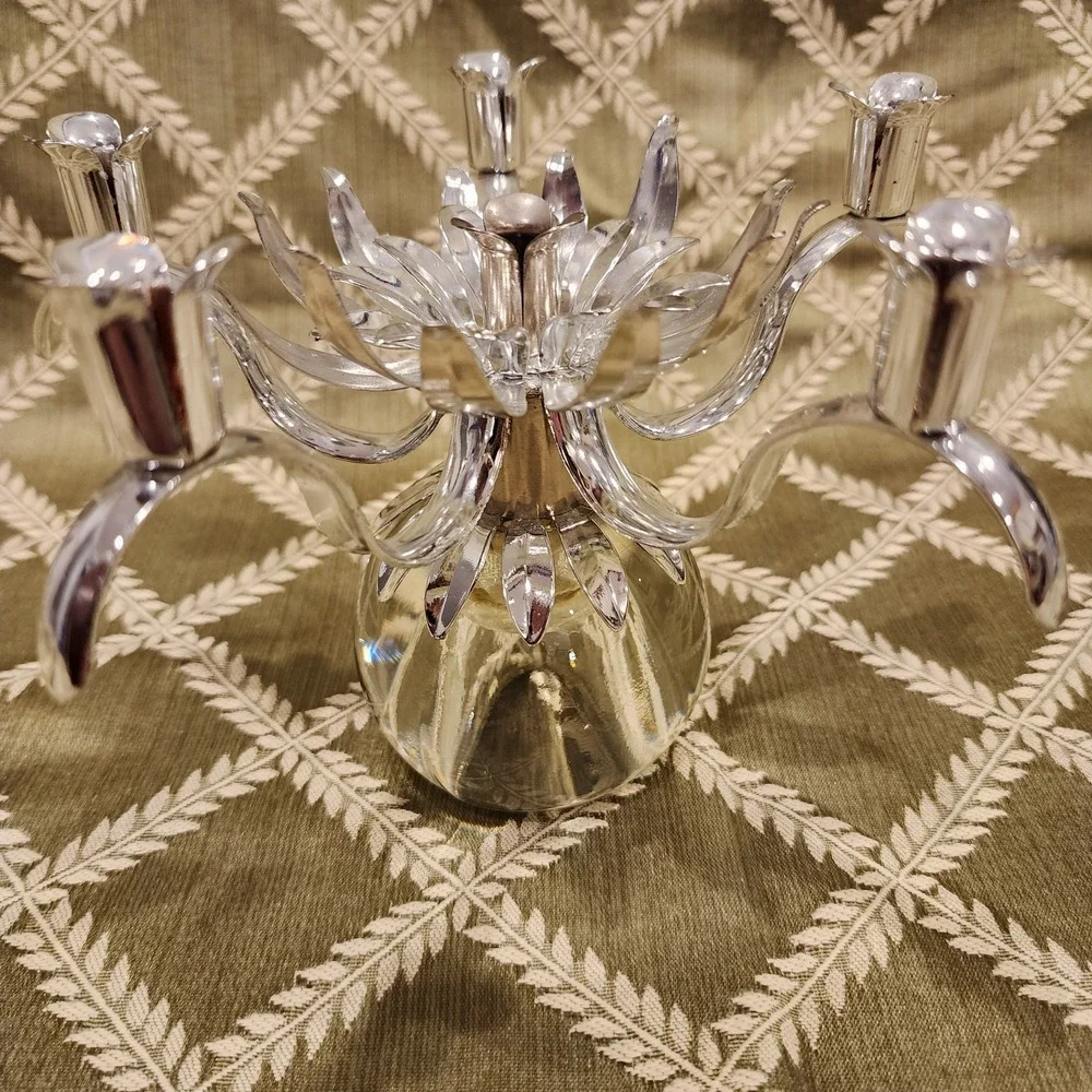 Candlestick Holder Lotus Flower Metal w Clear Ball Base Candelabra Vintage
